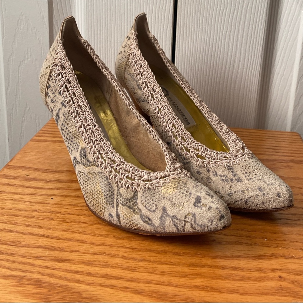 El Vaquero Cream Snake‎ Print Crochet Trim Round Toe Heels SZ 36 1/2 (6.5)